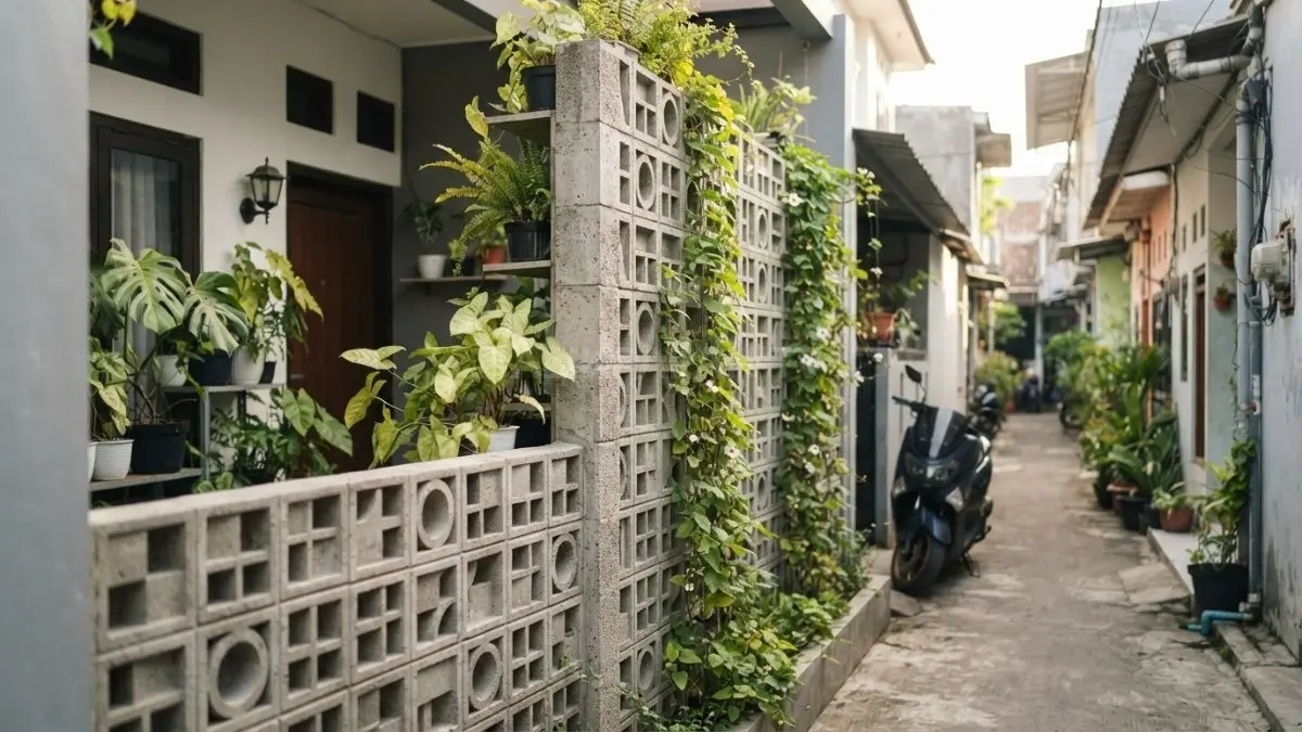 Roster beton berpadu tanaman hijau menciptakan pagar fungsional dengan nuansa natural dan segar (BTV/AI)