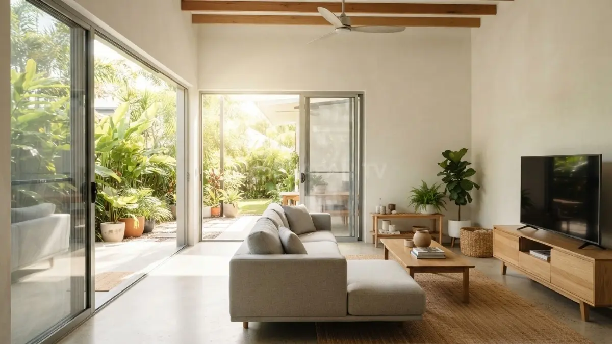 Ruang tengah dengan furnitur tertata rapi menjaga jalur angin tetap terbuka dan membantu sirkulasi udara alami. (BTV/AI)