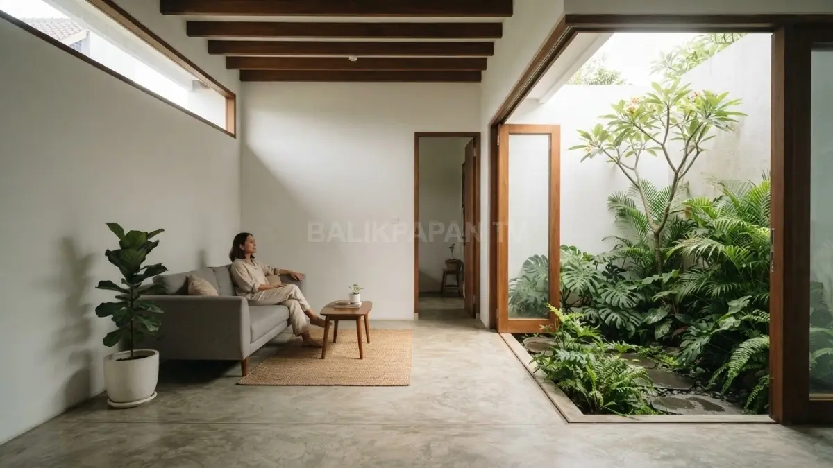 Ruang terbuka di tengah rumah membantu sirkulasi udara dan cahaya alami mengalir lebih optimal ke ruang tengah 4×4 meter. (BTV/AI)