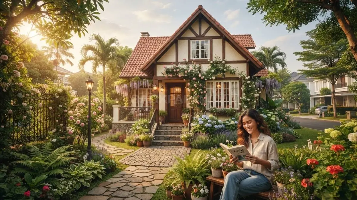 Rumah cottage Eropa menghadirkan suasana hangat melalui atap pelana, fasad krem, kayu, jendela besar, teras, dan taman romantis (BTV/AI)
