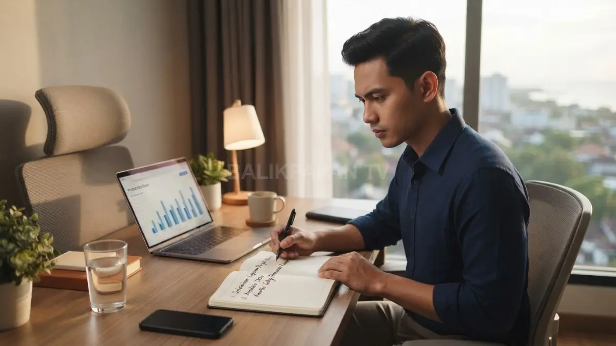 Seseorang menyusun dua prioritas utama di meja kerja sebelum memulai aktivitas harian dengan fokus dan terarah. (BTV/AI)