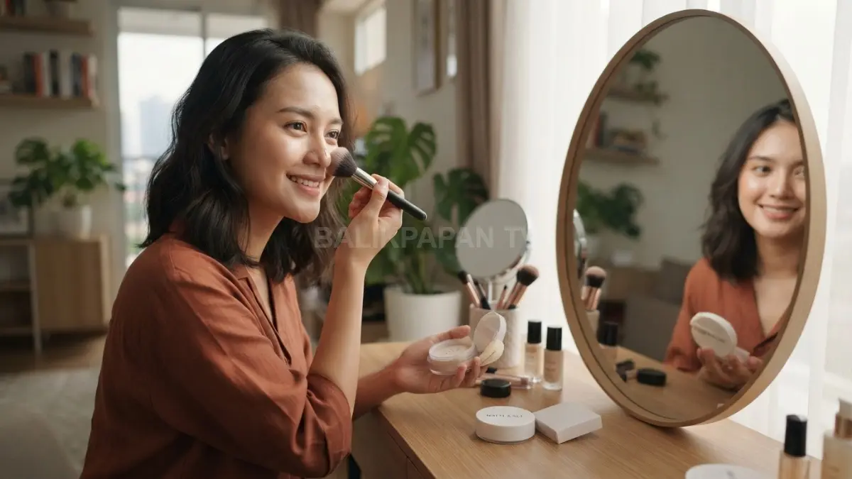 Setting makeup yang tepat membantu mengontrol kilap tanpa membuat tekstur wajah tampak berat saat difoto (BTV/AI)
