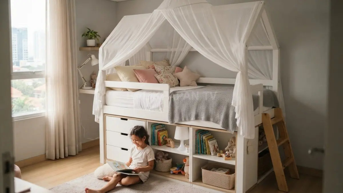 Tempat tidur menjadi pusat suasana dongeng melalui seprai lembut, kanopi, bantal dekoratif, dan penyimpanan praktis agar nyaman (BTV/AI)
