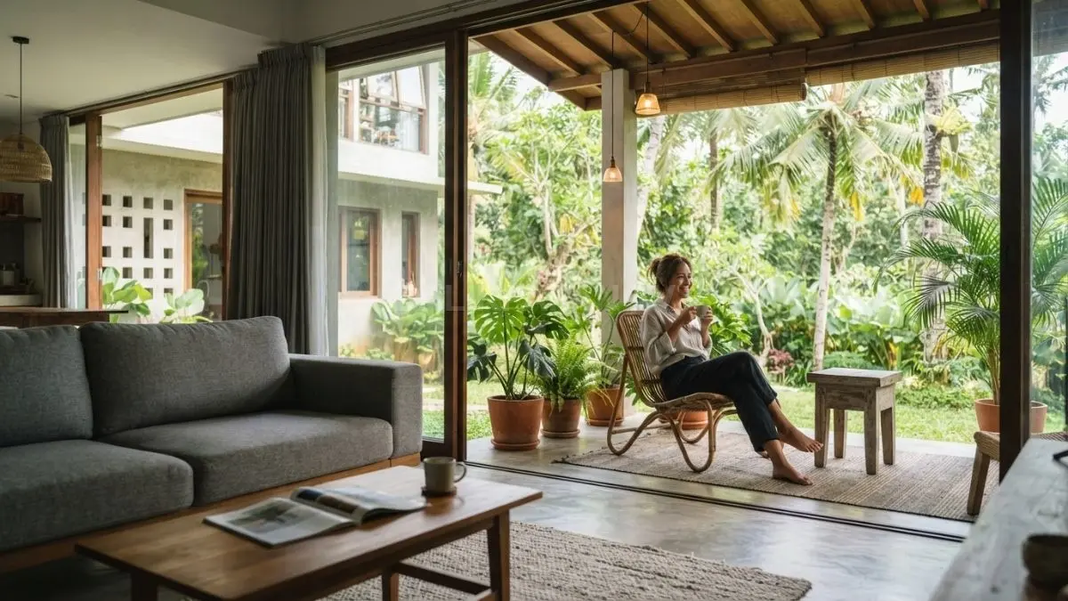 Teras tropis menyatukan kenyamanan indoor dan outdoor melalui furnitur natural, tanaman, serta sirkulasi udara optimal. (BTV/AI)
