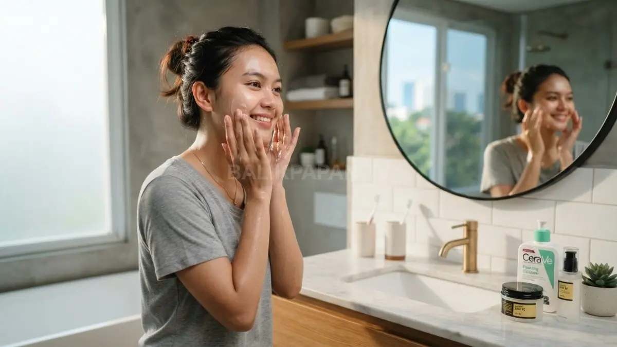 Anak muda membersihkan wajah dengan cleanser lembut, lalu memakai pelembap, nyaman, natural, kamar mandi minimalis (BTV/AI)
