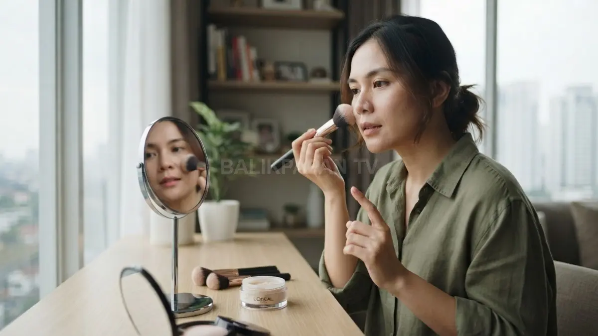 Aplikasi bedak di sekitar hidung perlu dibaurkan lembut agar hasil tetap tipis, merata, dan tidak cakey. (BTV/AI)