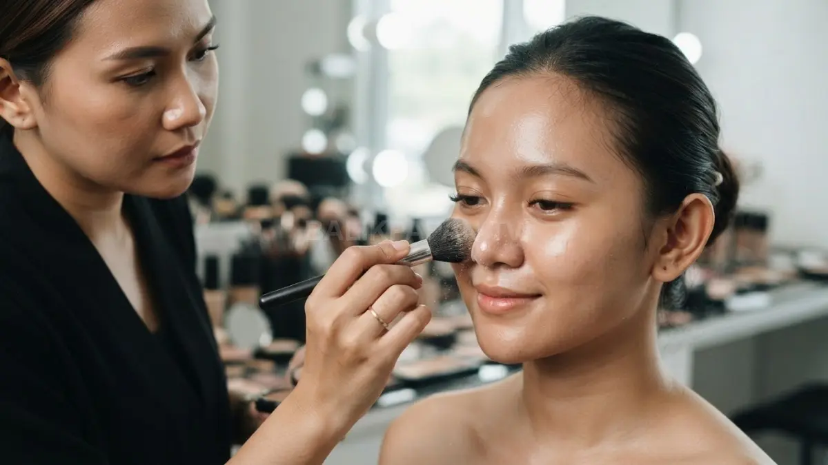 Aplikasi bedak tipis sekitar hidung menggunakan kuas fluffy membantu menciptakan tampilan makeup natural dan merata. (BTV/AI)