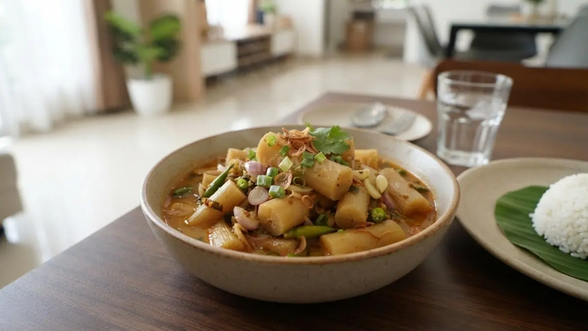 Batang ubi muda dipotong sekitar 3 cm, dimasak berbumbu hingga menghasilkan sayur manjaha bertekstur lembut dan nikmat. (BTV/AI)