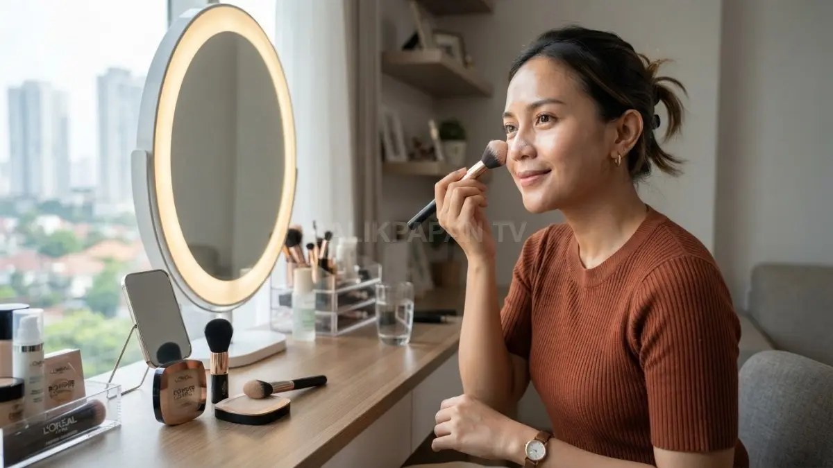 Bedak diaplikasikan mulai sekitar hidung dengan sapuan ringan menuju area wajah lain secara merata. (BTV/AI)