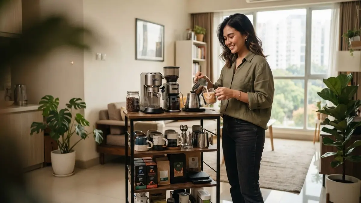 Coffee cart fleksibel, hemat tempat, mudah dipindahkan, dan cocok untuk rumah dengan ruang terbatas (BTV/AI)
