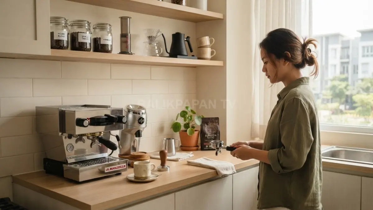 Coffee corner minimalis menghiasi dapur kecil dengan mesin kopi, cangkir, rak, wadah kopi, dan countertop rapi. (BTV/AI)
