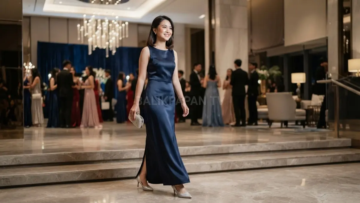 Dress panjang formal, aksesori minimal, sepatu nyaman bikin OOTD prom night elegan tanpa terasa berlebihan (BTV/AI)