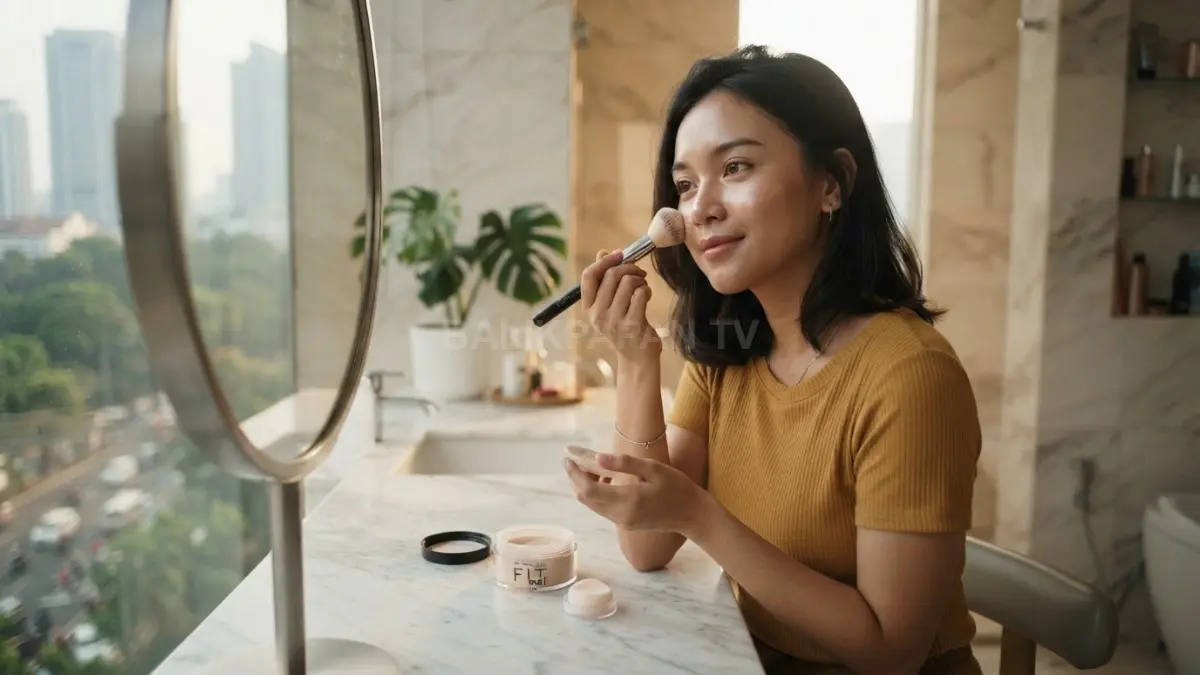 Kuas lembut membantu membaurkan bedak tipis dari hidung agar hasil riasan tampak natural dan merata. (BTV/AI)