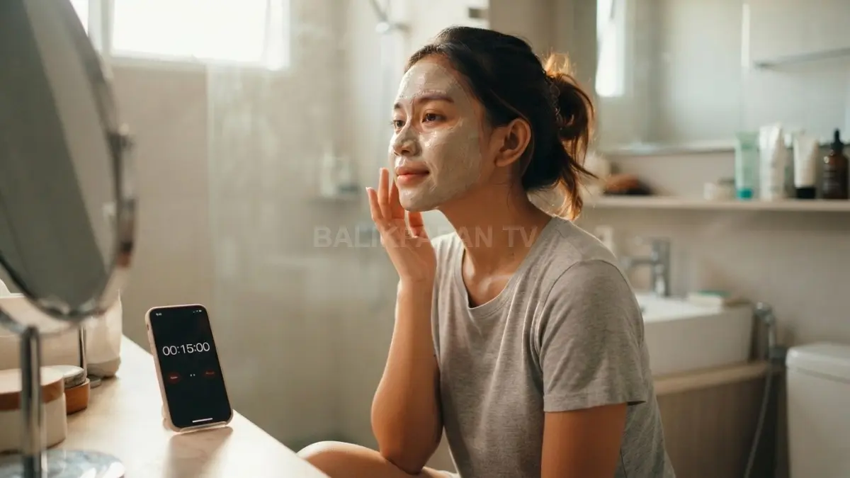 Masker wajah dengan timer 15 menit membantu mengingat durasi pemakaian sesuai petunjuk kemasan produk. (BTV/AI)