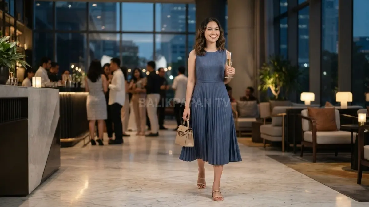 Midi dress semi-formal nyaman dipadukan aksesori simpel, warna elegan, dan alas kaki praktis untuk prom night stylish (BTV/AI)