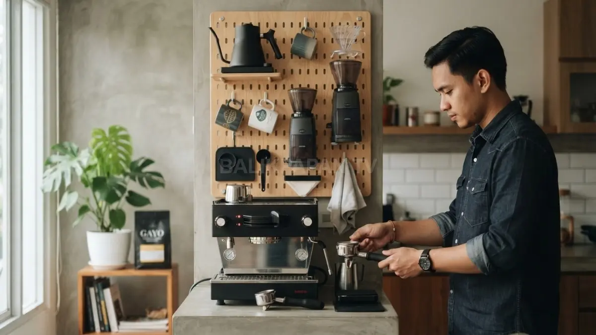 Pegboard bikin coffee corner vertikal lebih rapi, fleksibel, dan hemat tempat tanpa memenuhi countertop dengan berbagai perlengkapan (BTV/AI)
