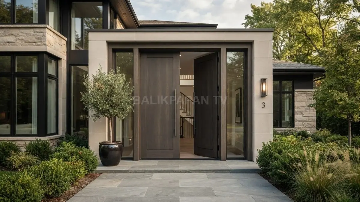 Pintu utama dua daun selebar 1,2 meter menciptakan akses lega sekaligus menegaskan simetri fasad rumah modern. (BTV/AI)