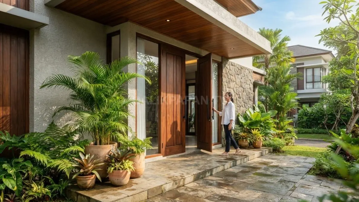 pintu utama dua daun selebar 1,2 meter menghadirkan akses lega dan proporsional pada fasad rumah tropis modern. (BTV/AI)