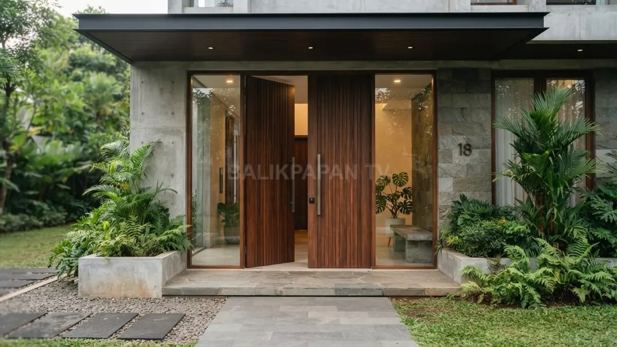 Pintu utama selebar 1,2 meter memberikan akses lega sekaligus tampilan fasad modern yang seimbang dan proporsional. (BTV/AI)