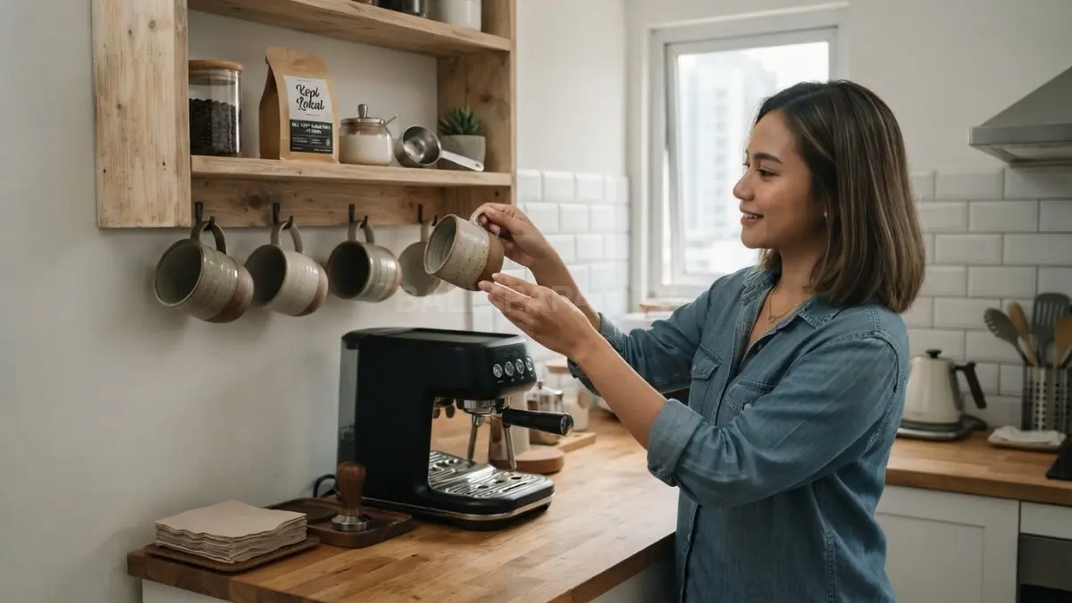 Rak dinding membuat coffee corner lebih rapi, hemat tempat, fungsional, dan mudah diakses tanpa memenuhi meja. (BTV/AI)
