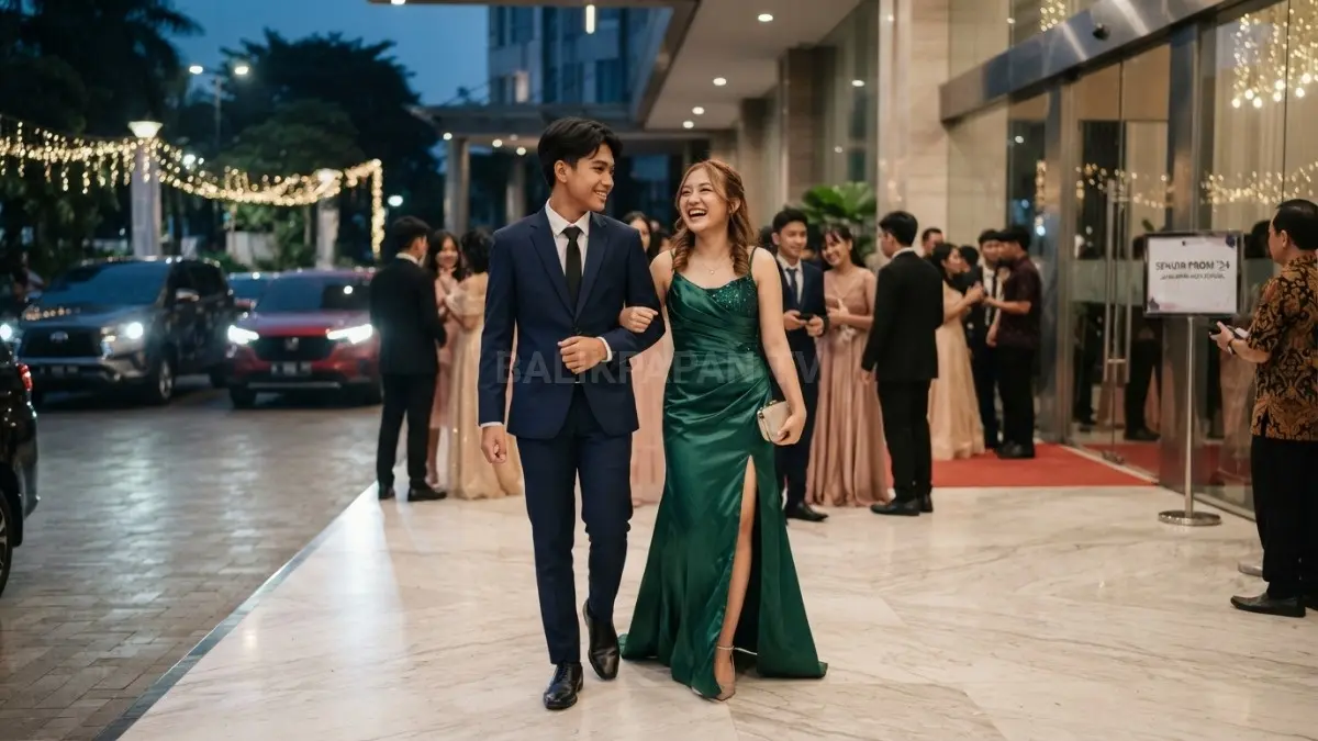 Remaja tampil elegan dengan outfit prom night formal sesuai dress code, stylish, nyaman, dan percaya diri (BTV/AI)
