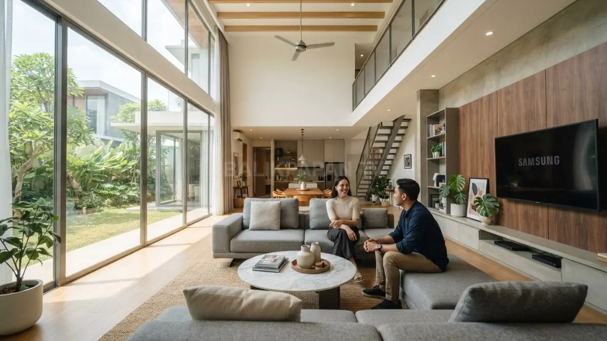 Ruang keluarga dengan plafon tinggi, jendela besar, pencahayaan alami, furnitur minimalis, dan material hangat terasa lapang (BTV/AI)

