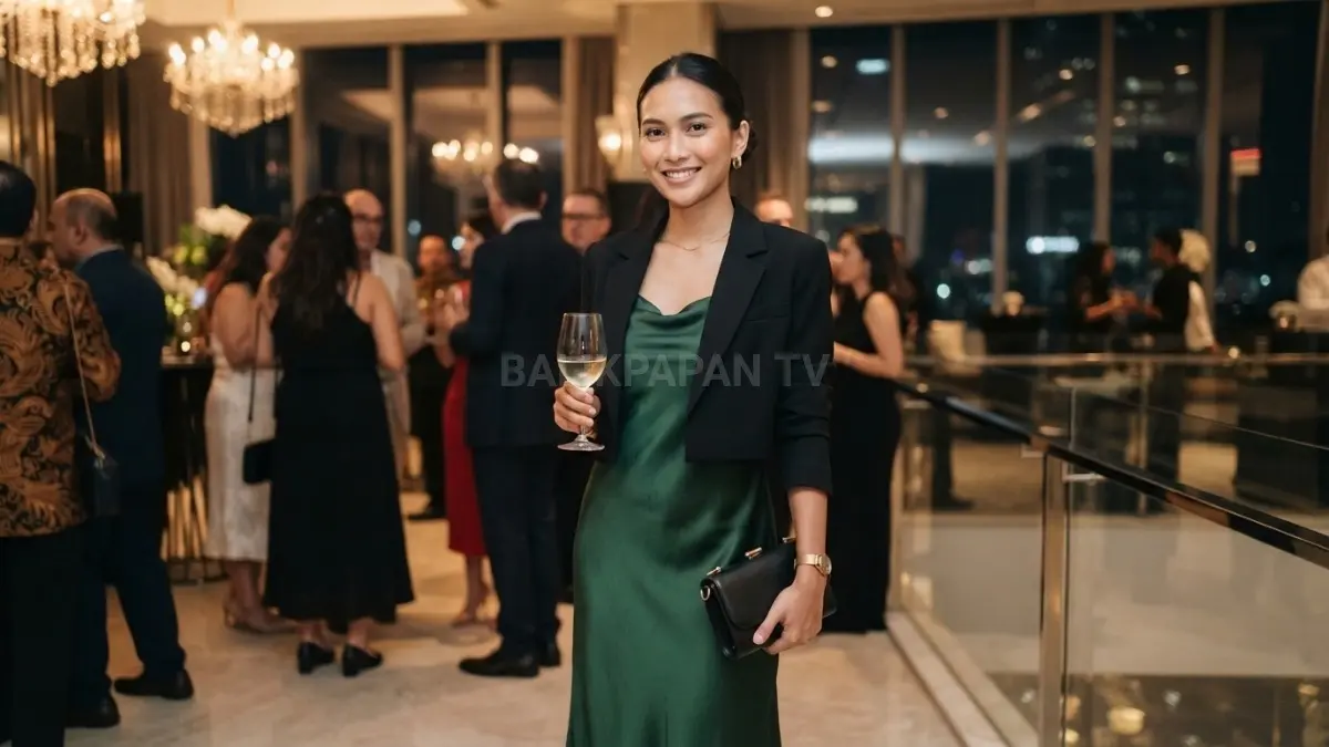 Satin dress tampil elegan dengan detail minimal, dipadukan aksesori sederhana dan outer ringan agar nyaman saat prom night berlangsung (BTV/AI)