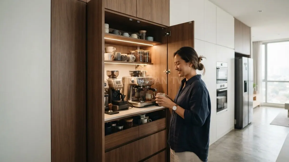 Sulap kabinet kosong menjadi coffee corner tersembunyi yang rapi, praktis, dan hemat tempat untuk rumah minimalis (BTV/AI)
