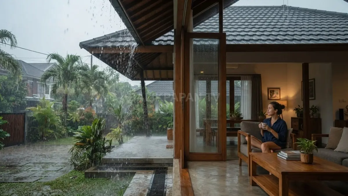 Atap lebar dan teritisan melindungi jendela dari tampias, membantu menciptakan kenyamanan penghuni saat hujan deras turun. (BTV/AI)