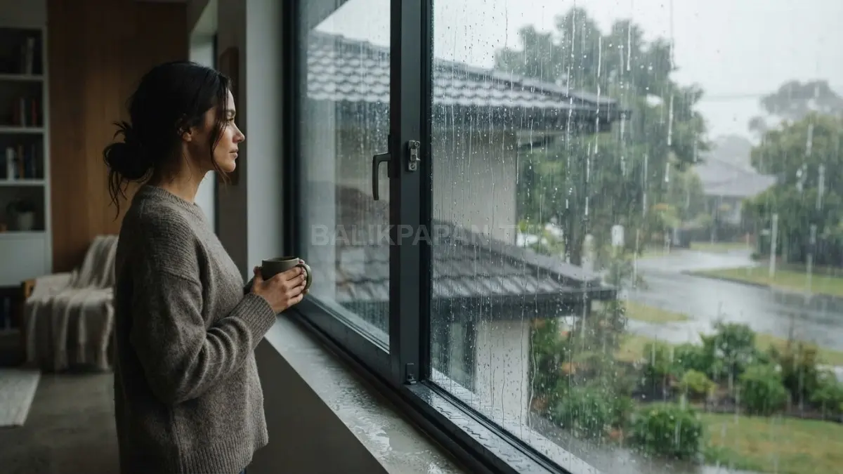 Bentuk jendela, teritisan, dan material kusen membantu mengurangi suara hujan, tampias, serta risiko kebocoran rumah. (BTV/AI)
