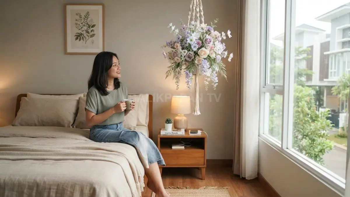Bunga menjuntai di sudut kamar menghadirkan aksen lembut, feminin, dan segar tanpa memenuhi ruang visual. (BTV/AI)
