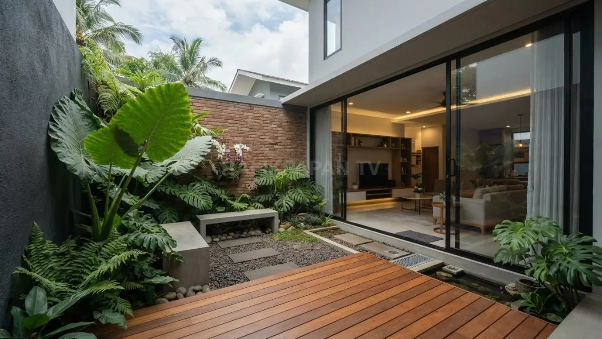 Courtyard minimalis bergaya Jerman menghadirkan cahaya alami, taman hijau, privasi, serta hubungan harmonis ruang dalam luar. (BTV/AI)