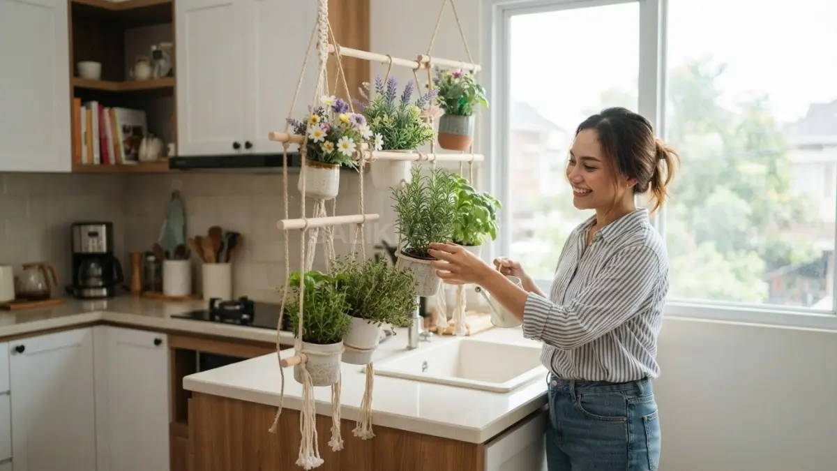 Dapur menghadirkan mini hanging herb garden dengan pot kecil, tanaman hijau, dan gantungan dekoratif yang praktis. (BTV/AI)