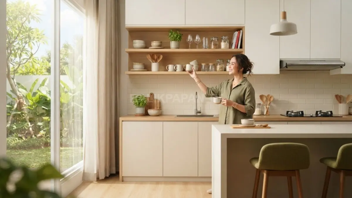 Dapur minimalis Belanda memadukan kabinet putih, aksen kayu natural, rak terbuka, dan sentuhan hijau zaitun elegan. (BTV/AI)