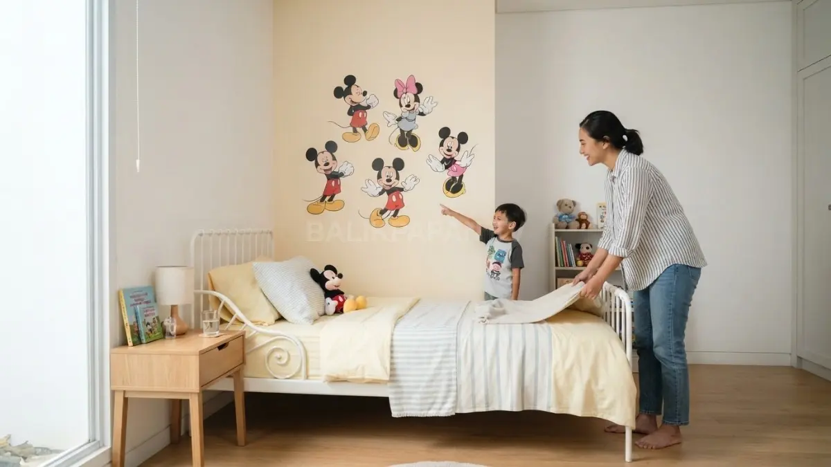 Dinding karakter Mickey dan Minnie menjadi focal point ceria, rapi, fleksibel, sekaligus nyaman untuk bermain anak (BTV/AI)

