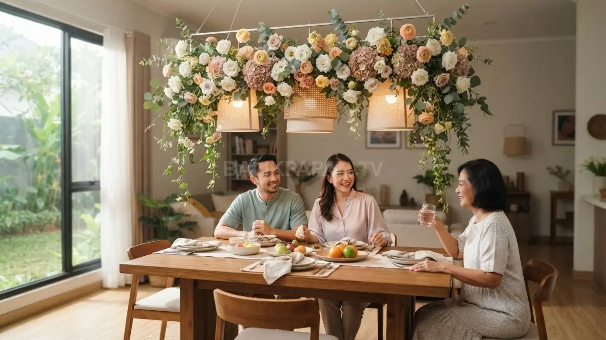 Floral canopy mini mempercantik ruang makan dengan bunga pastel, daun menjuntai, lampu hangat, dan material natural. (BTV/AI)
