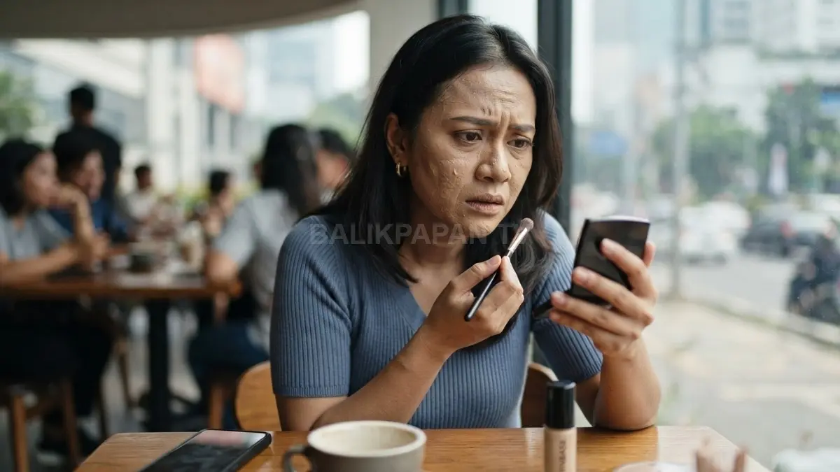 Foundation terlalu tebal membuat makeup lebih mudah menggumpal, bergeser, dan terpisah saat wajah berminyak atau berkeringat (BTV/AI)
