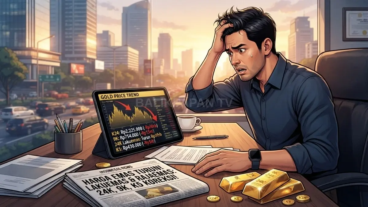 Harga emas perhiasan berbagai kadar turun, dengan koreksi terbesar Lakuemas 24K Rp39.000 per gram. [BTV:AI]