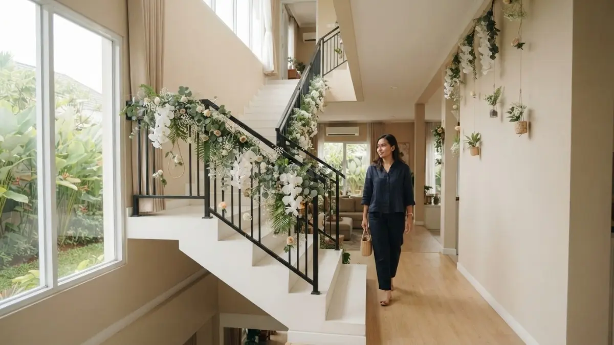 Hiasan bunga gantung menghiasi lorong dan tangga, menciptakan floral passage segar yang menyatu dengan interior rumah. (BTV/AI)