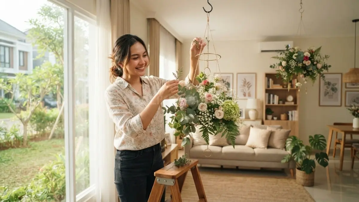 Hiasan gantung bunga mempercantik ruang vertikal dengan sentuhan segar, feminin, natural, dan hangat untuk rumah. (BTV/AI)
