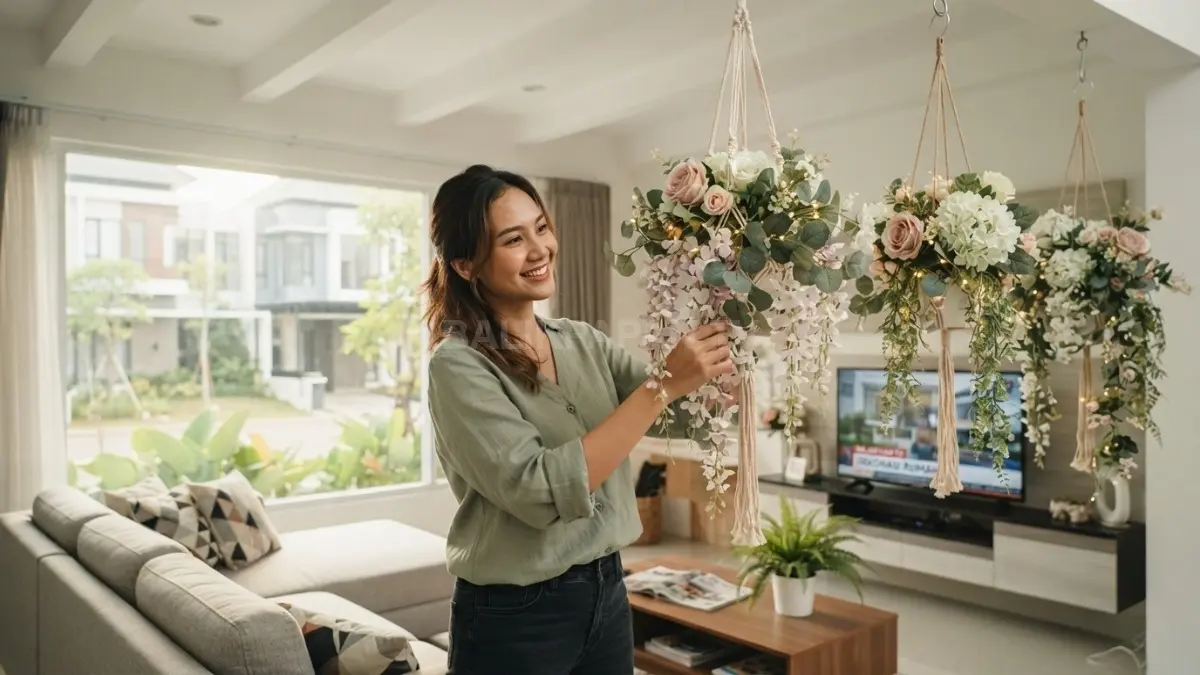 Hiasan gantung bunga mempercantik ruang vertikal melalui rangkaian bunga, makrame, dan canopy dekoratif yang hangat. (BTV/AI)