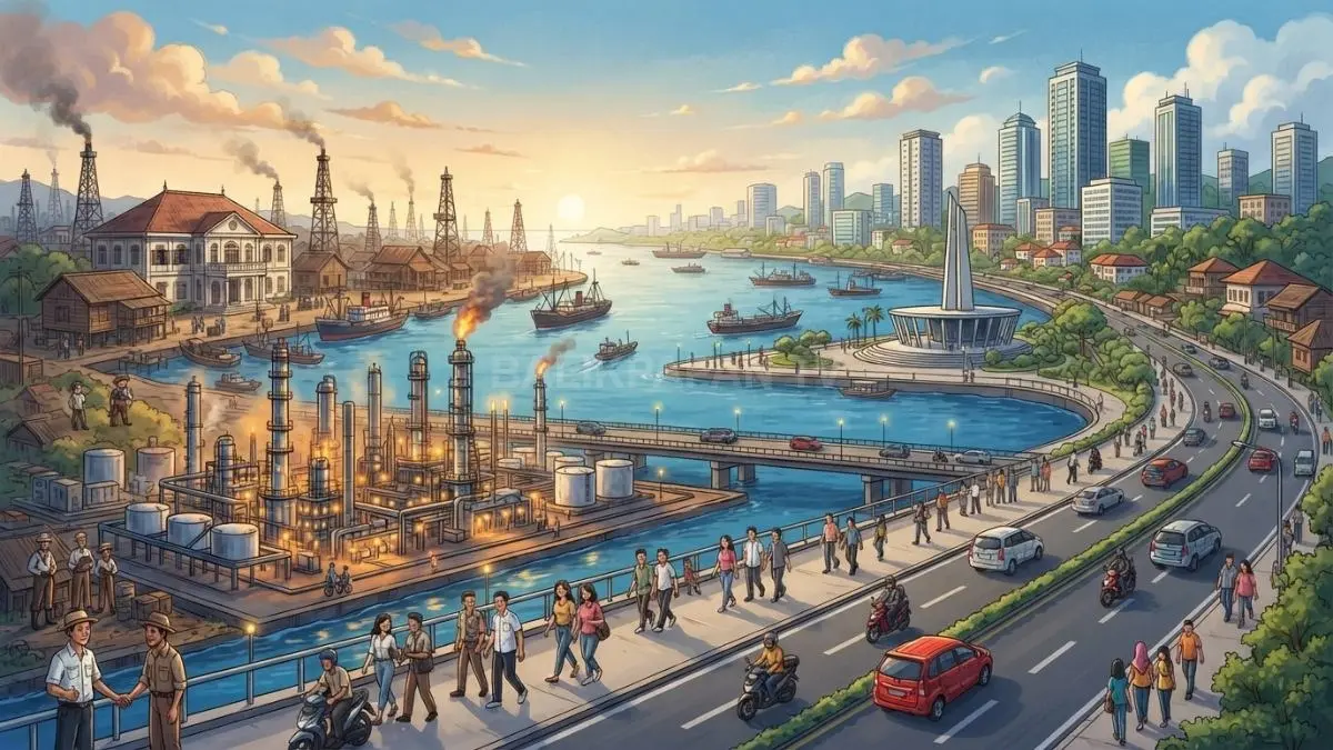 Ilustrasi arsip sejarah Balikpapan merekam perjalanan kota dari perkembangan industri minyak hingga perubahan pemerintahan dan masyarakat. (BTV/AI)