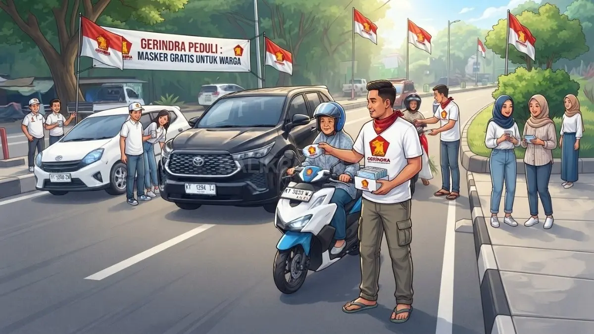 Ilustrasi pembagian masker gratis Gerindra Kutai Barat kepada warga terdampak kabut asap di sejumlah kecamatan. (BTV/AI)