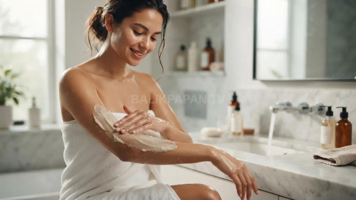 Ilustrasi penggunaan lulur lembut dengan gerakan melingkar ringan untuk perawatan kulit tubuh mingguan yang nyaman. (BTV/AI)