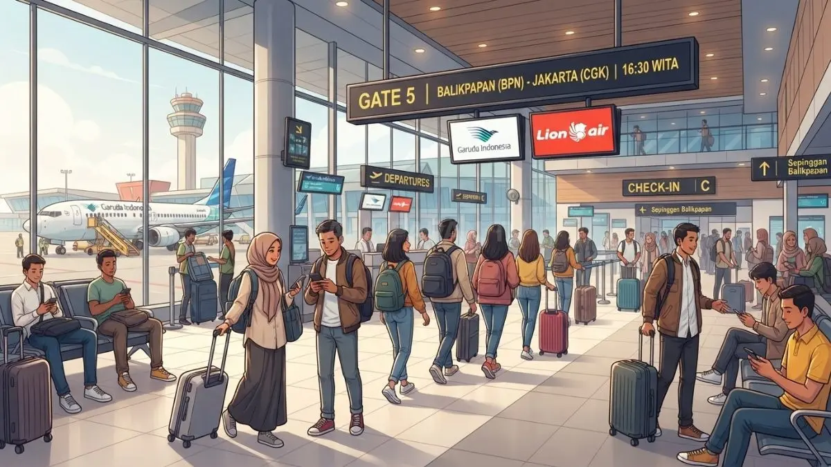 Ilustrasi perjalanan wisnas Kaltim melalui Bandara Sepinggan, dengan capaian kumulatif Januari-Juli 2026 tumbuh 4,76 persen. (BTV/AI)