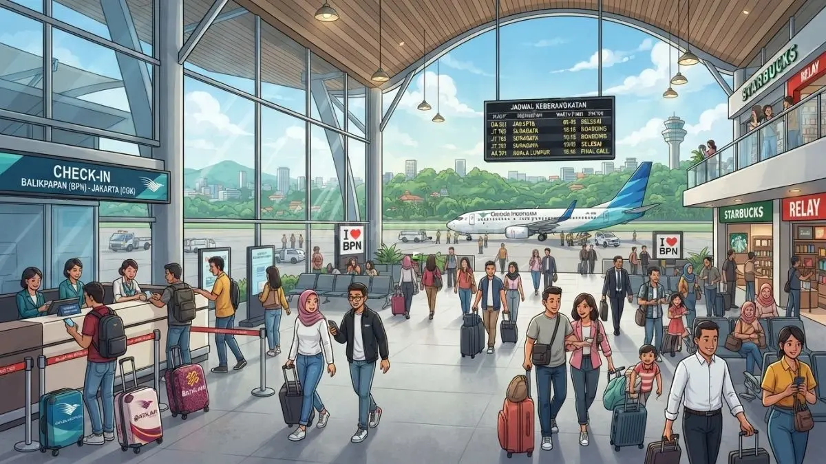 Ilustrasi perjalanan wisnas Kaltim menuju luar negeri menurun tajam pada Juli 2026 setelah mencapai puncak Juni. (BTV/AI)