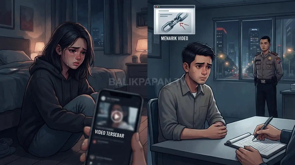 Ilustrasi perkara dugaan penyebaran video bermuatan seksual dengan dua pihak yang keterangannya diuji di persidangan. (BTV/AI)