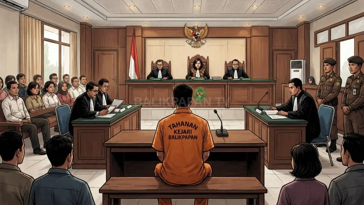 Ilustrasi persidangan perkara video bermuatan seksual di Pengadilan Negeri Balikpapan yang memasuki tahap pemeriksaan terdakwa. (BTV/AI)