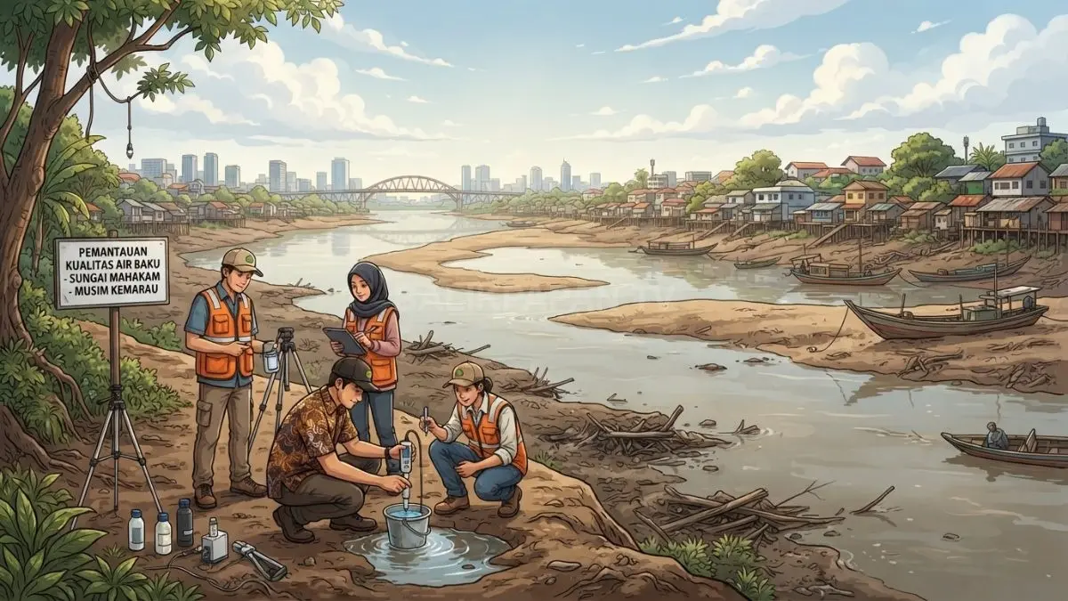 Ilustrasi Sungai Mahakam saat musim kemarau dengan debit air menurun dan pemantauan kualitas air baku ditingkatkan. (BTV/AI)