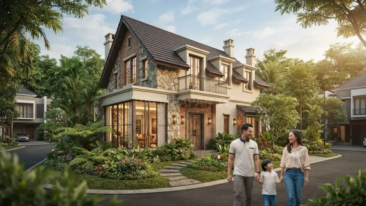 Istana cottage menghadirkan atap curam, jendela loteng, material natural, balkon, dan taman bernuansa dongeng. (BTV/AI)